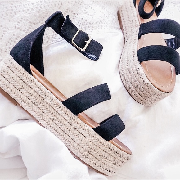 Shoes - Black Flatform Espadrille Sandals Ankle Strap